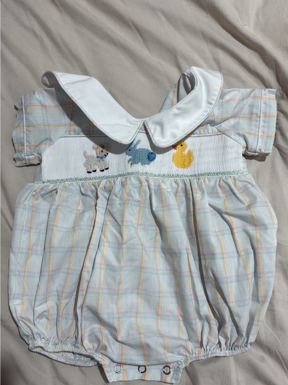 Classic Plaid Smocked Baby One-Piece with Animal Motif - White Collar
